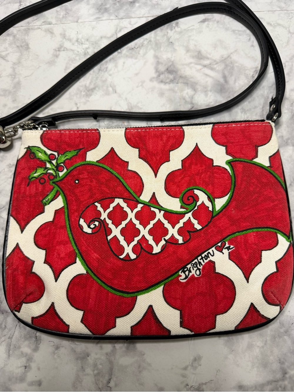 Brighton Christmas Red and Green Canvas Crossbody with Bird Motif Crossbody bag